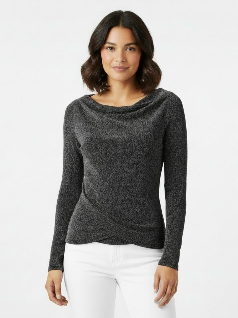 NWT Badgley Mischka Charcoal Cowl Neck Long-Sleeve Metallic Top Size Small